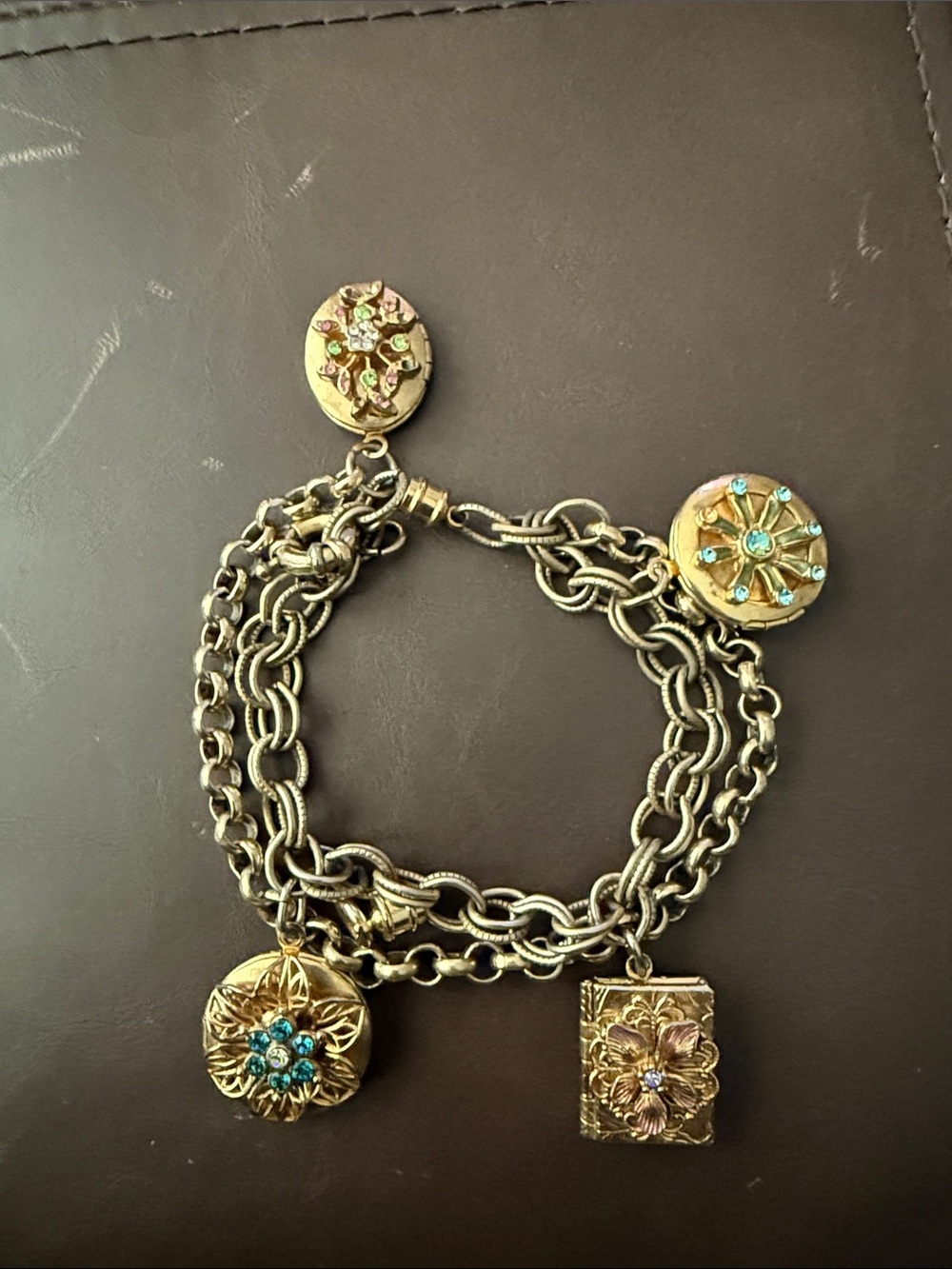Sweet Romance Victorian Locket and Book Charm Bracelet in Antique Brassy Gold